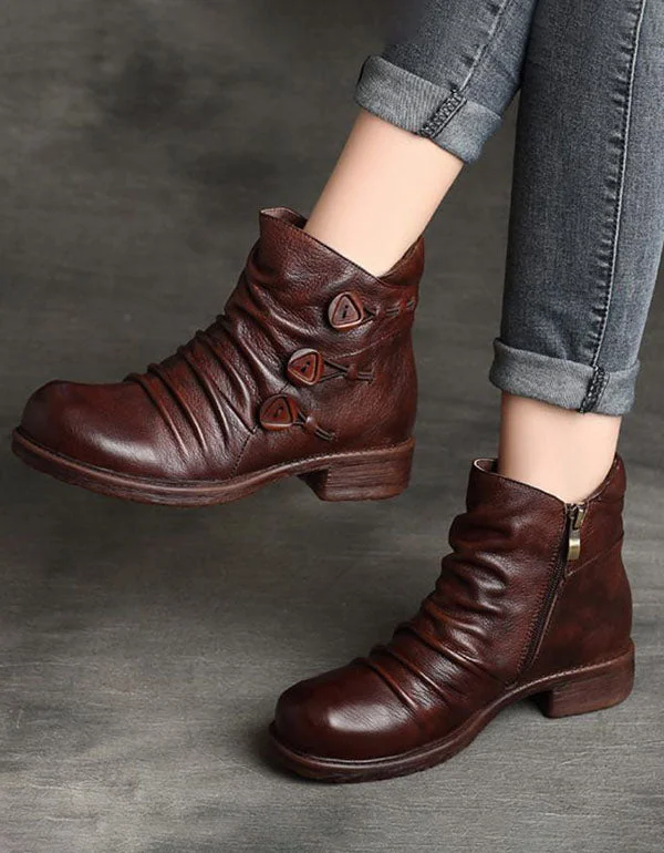 Lightweight Breathable Shoes Handmade Pleated Retro Leather Women's Boots