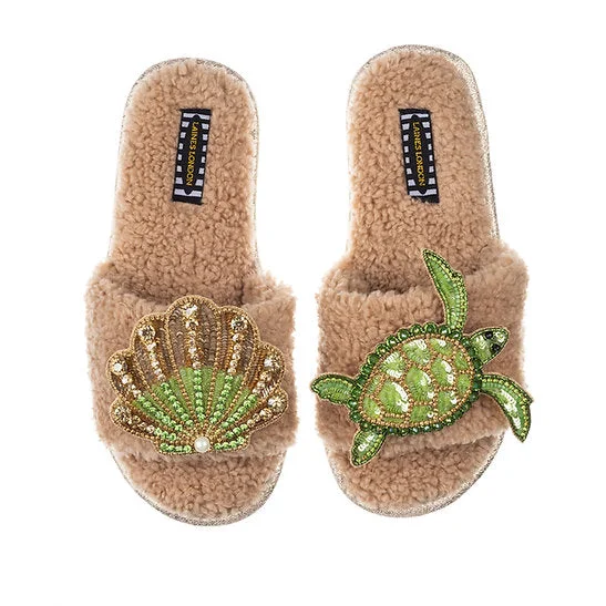 Elegant Footwear Green Beaded Shell & Turtle Teddy Slipper | Toffee