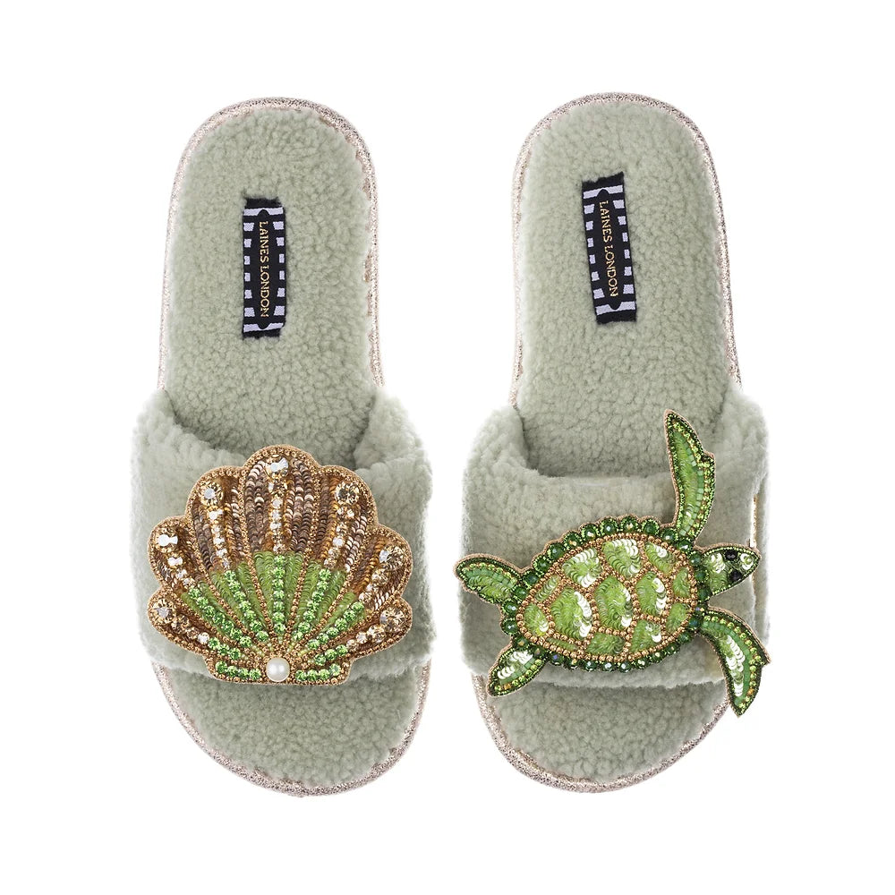 Fashionable Sneakers Green Beaded Shell & Turtle Teddy Slipper | Sage Green