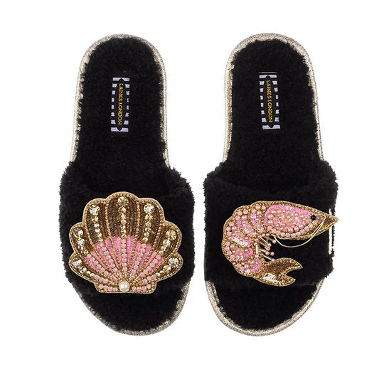 Modern Footwear Pink Beaded Shell & Prawn Teddy Slipper | Black