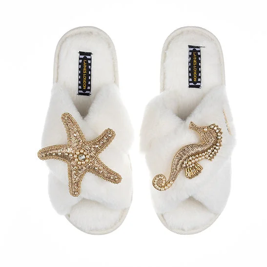Cozy Slip-Ons Gold Beaded Starfish & Seahorse Classic Slippers