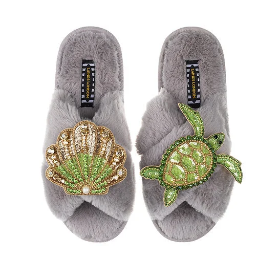 Plush Footwear Green Beaded Shell & Turtle Classic Slipper | Grey