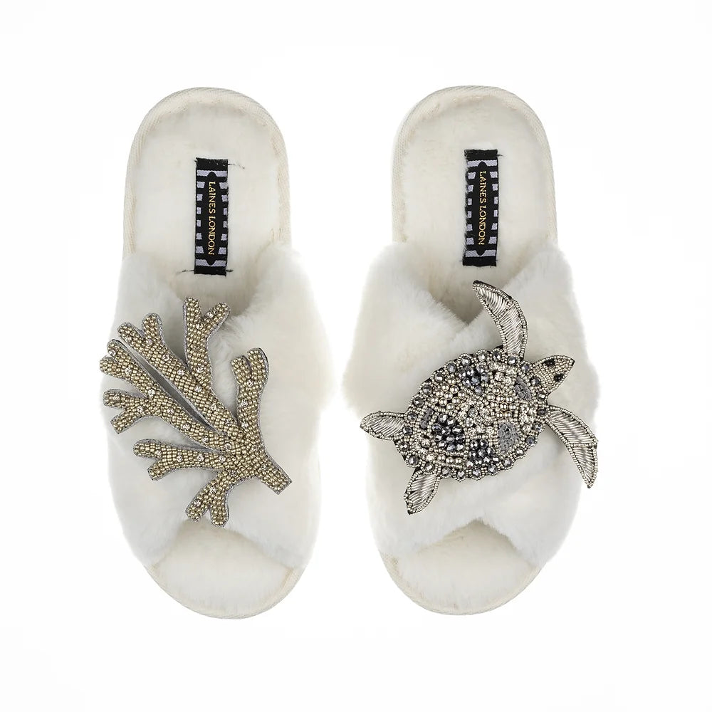 Flexible Sole Shoes Silver Beaded Coral & Turtle Classic Slipper | White