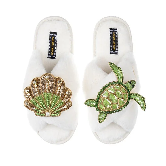 Flexible Shoes Green Beaded Shell & Turtle Classic Slipper | White