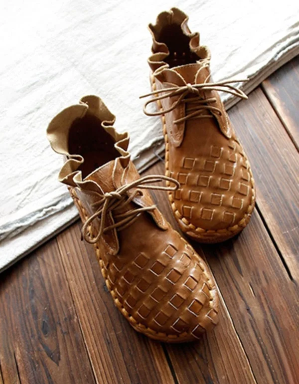 Sporty Street Sneakers Spring Handmade Woven Retro Leather Boots
