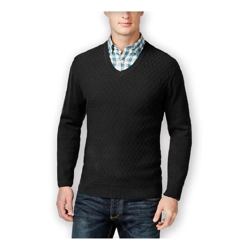 Urban Style Club Room Mens Diamond-Knit V Neck Pullover Sweater, Black, Small