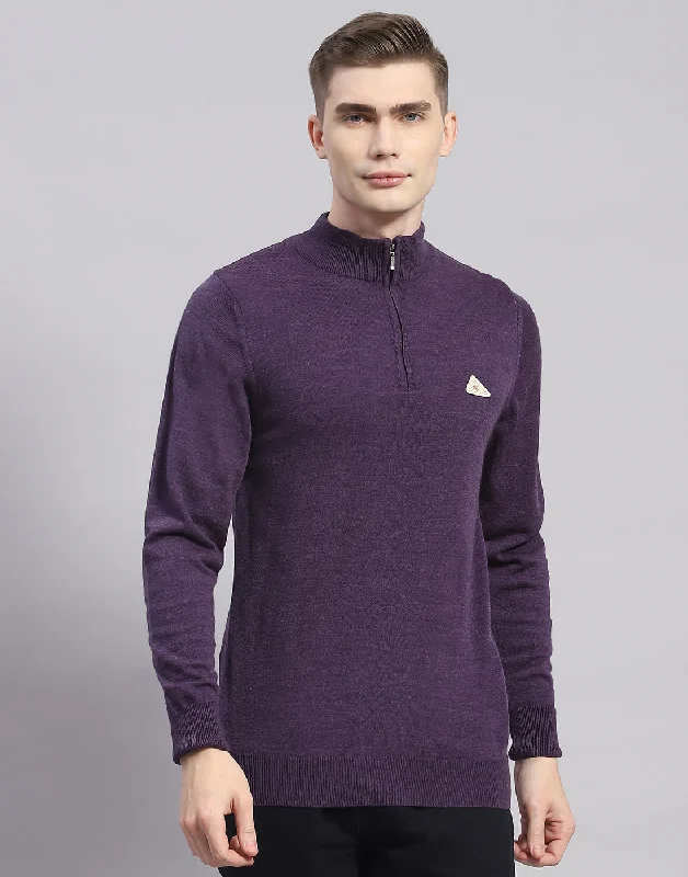 Athletic Gear Men Purple Solid High Neck Full Sleeve Pullover