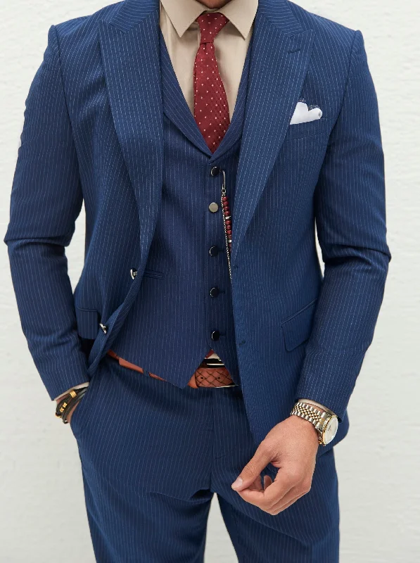Soft Streetwear Navy Striped Slim-Fit Suit 3-Piece