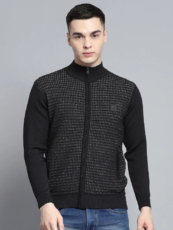Comfy Suits Men Black Self Design Mock Neck Full Sleeve Pullover