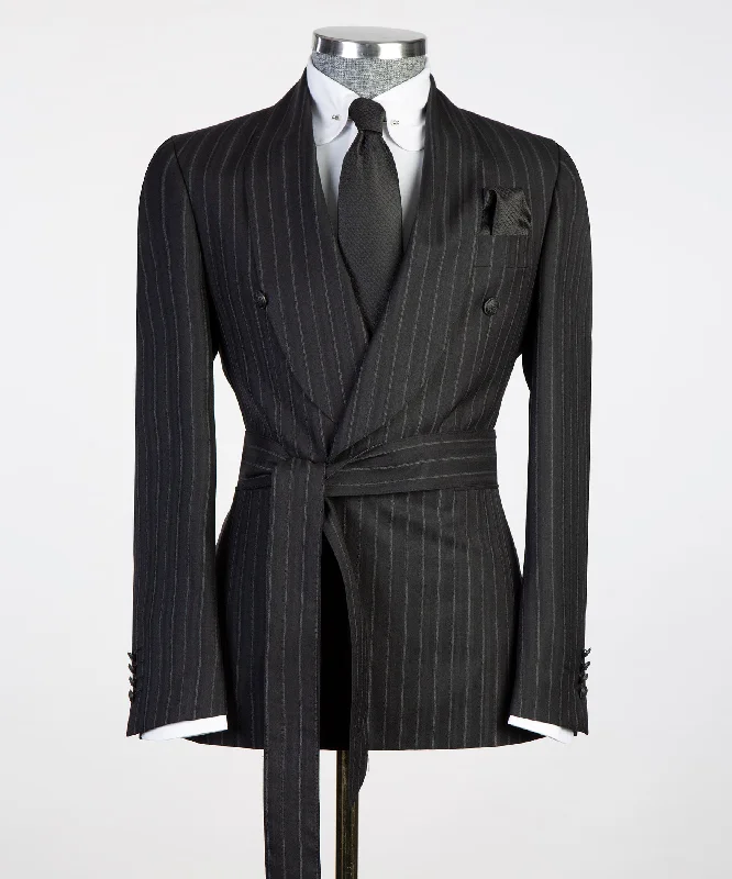 Effortless Gear Belted Black Striped Suit