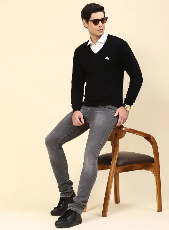 Everyday Comfort Wear Men Black Solid Pure wool Pullover