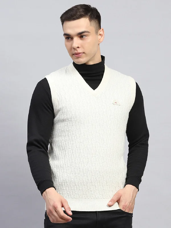 Street Fashion Men Off White Self Design V Neck Sleeveless Sweater