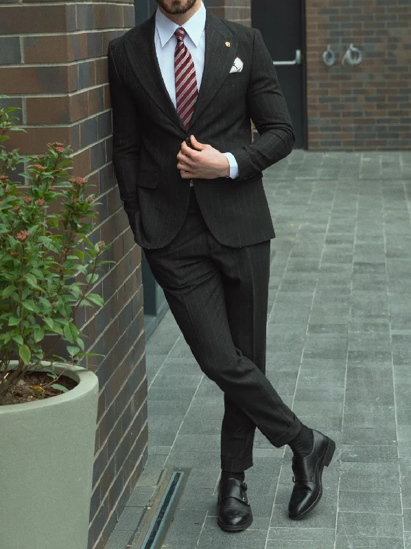 Relaxed Streetwear Black Striped Slim-Fit Suit 2-Piece