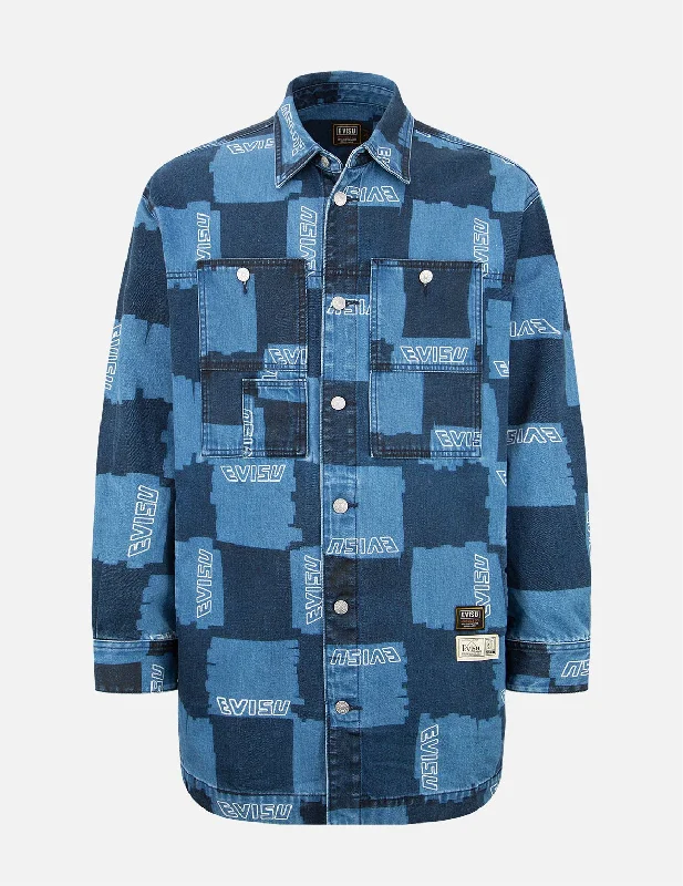 All-Season Outfits Allover Check Pattern Print Denim Shirt Jacket