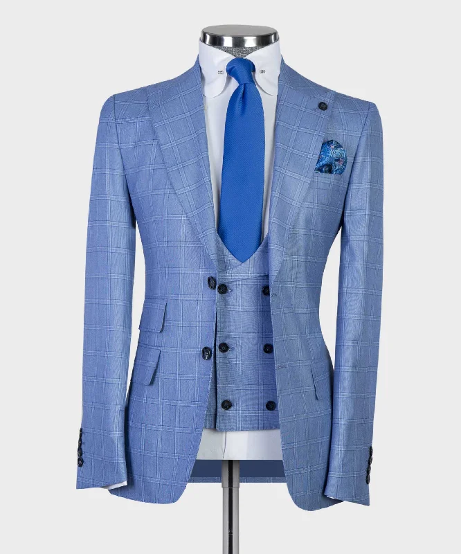 Flexible Wear Blue Plaid Suit