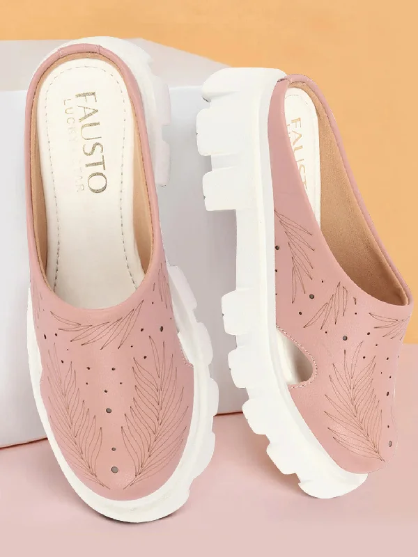 Women Peach Fashion Outdoor Leaf Print Laser Cut Design Open Back Slip On Casual Shoes Women Peach Fashion Outdoor Leaf Print Laser Cut Design Open Back Slip On Casual Shoes