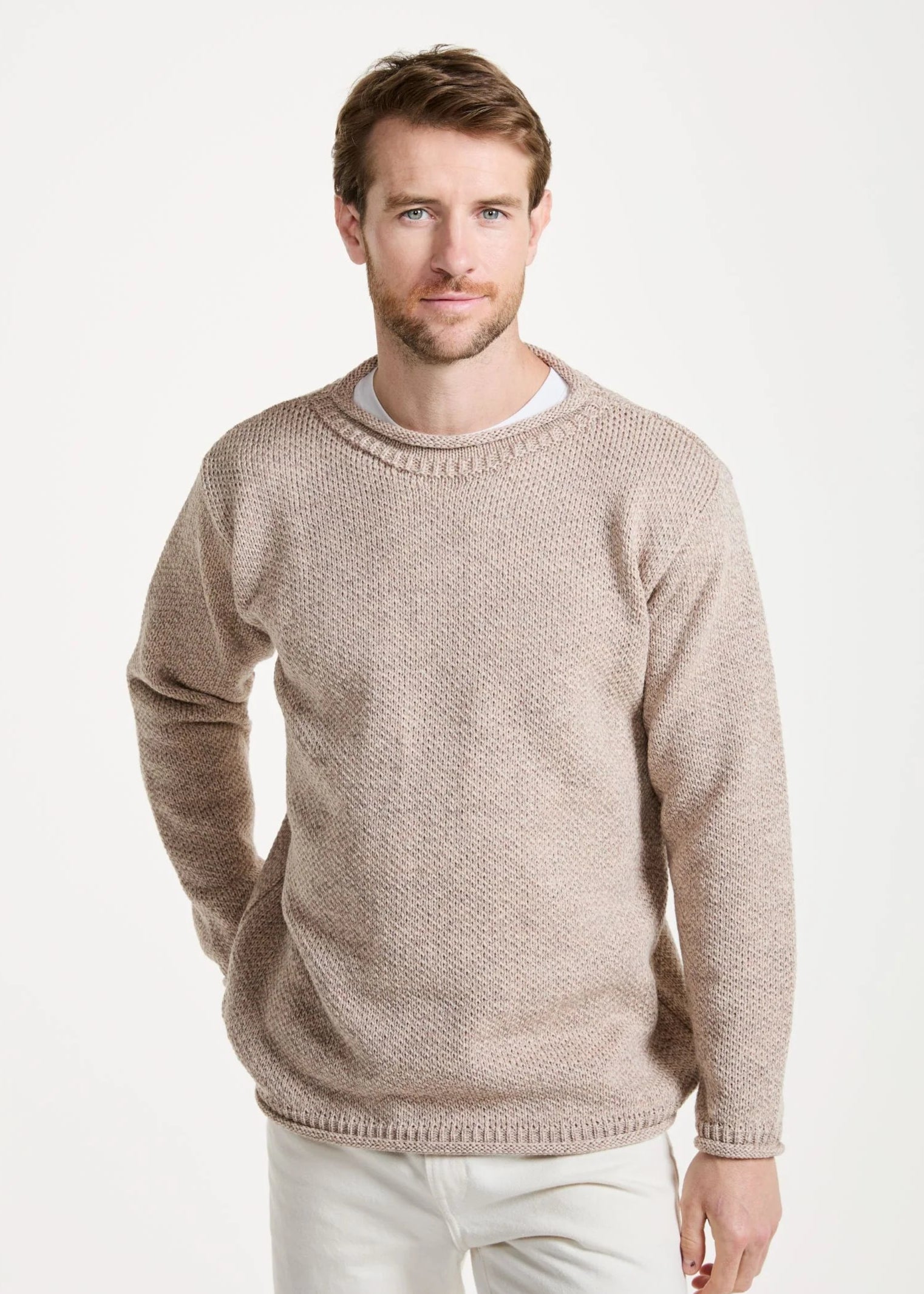 Premium Fit Aran Roll Neck Sweater | Oatmeal