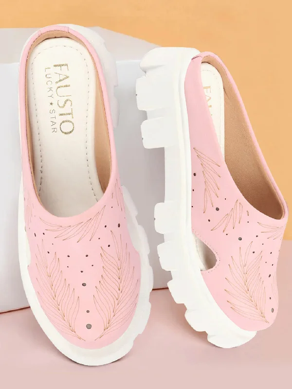 Women Pink Fashion Outdoor Leaf Print Laser Cut Design Open Back Slip On Casual Shoes Women Pink Fashion Outdoor Leaf Print Laser Cut Design Open Back Slip On Casual Shoes