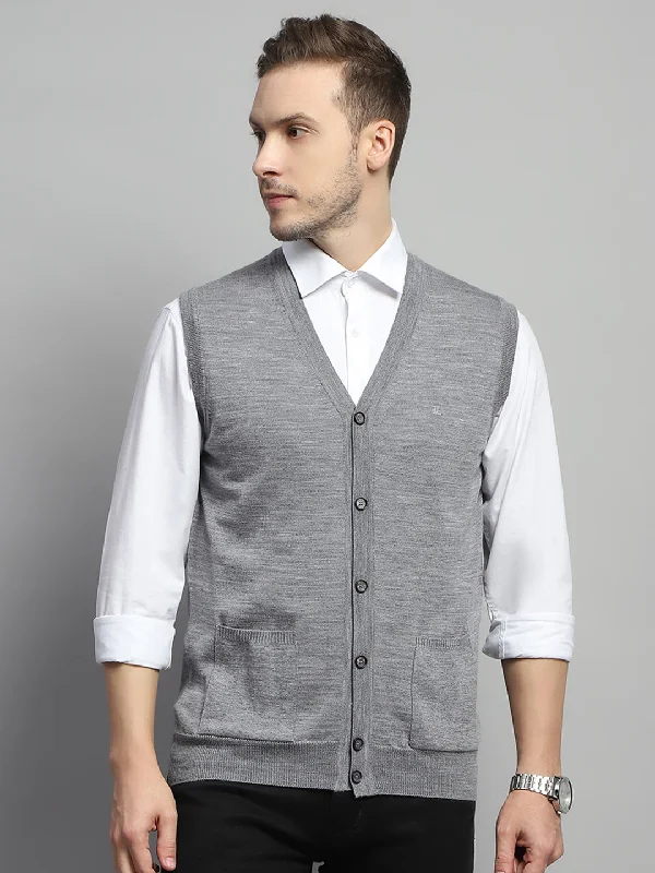 Outdoor Essentials Wear Men Grey Solid V Neck Sleeveless Cardigan