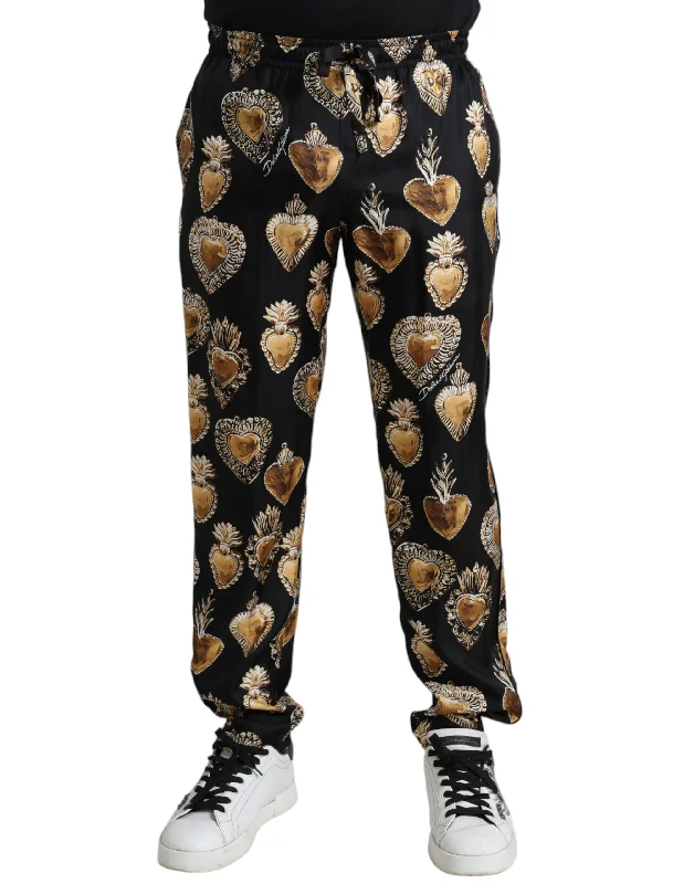 Comfy Hoodies Dolce & Gabbana Chic Heart Print Silk Pajama Men's Pants
