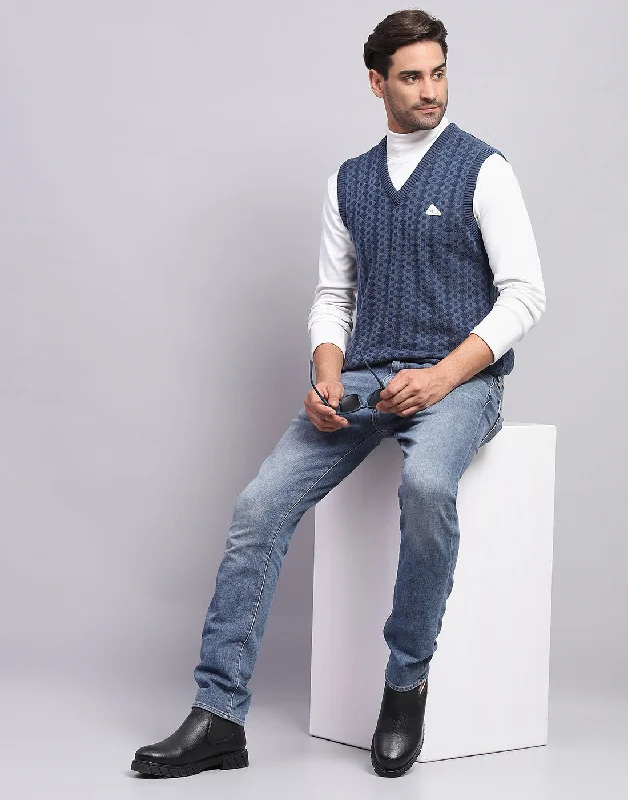 Smart Outfits Men Blue Self Design V Neck Sleeveless Sweater