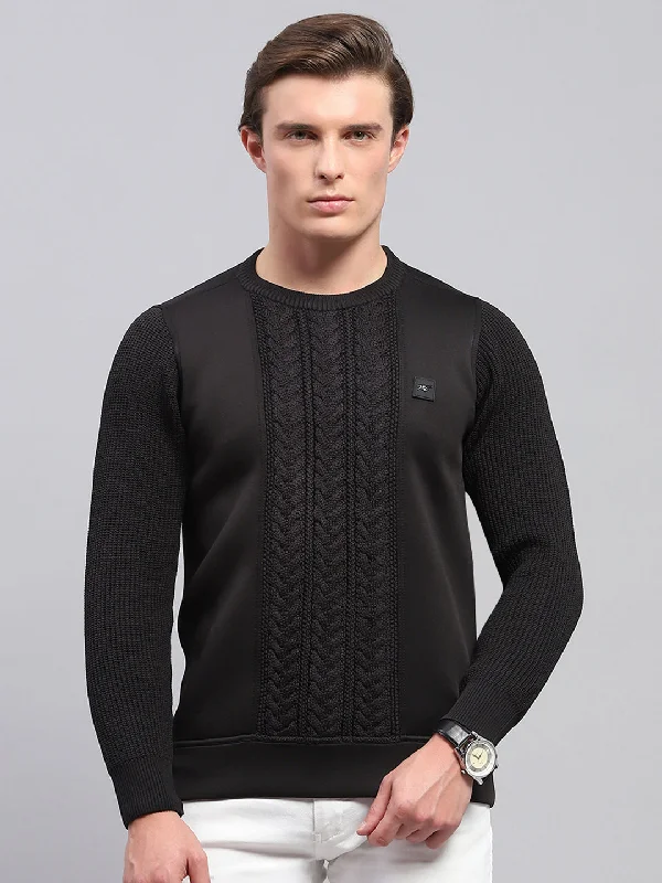 Stylish Layers Men Black Self Design Round Neck Full Sleeve Pullover