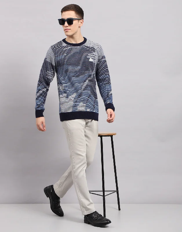 Stylish Tops Men Navy Blue Self Design Round Neck Full Sleeve Pullover