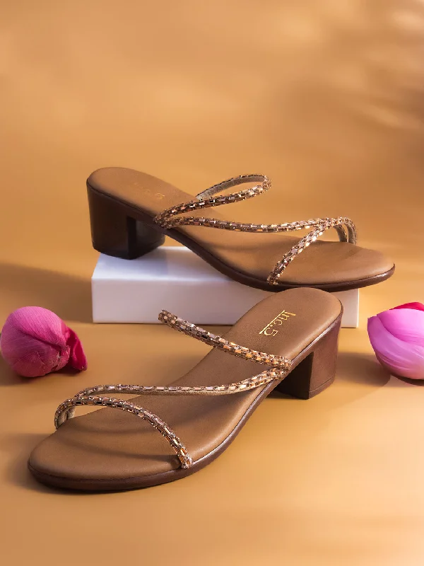 Stylish Comfort Shoes Women Ant Gold Embellished Block Heels