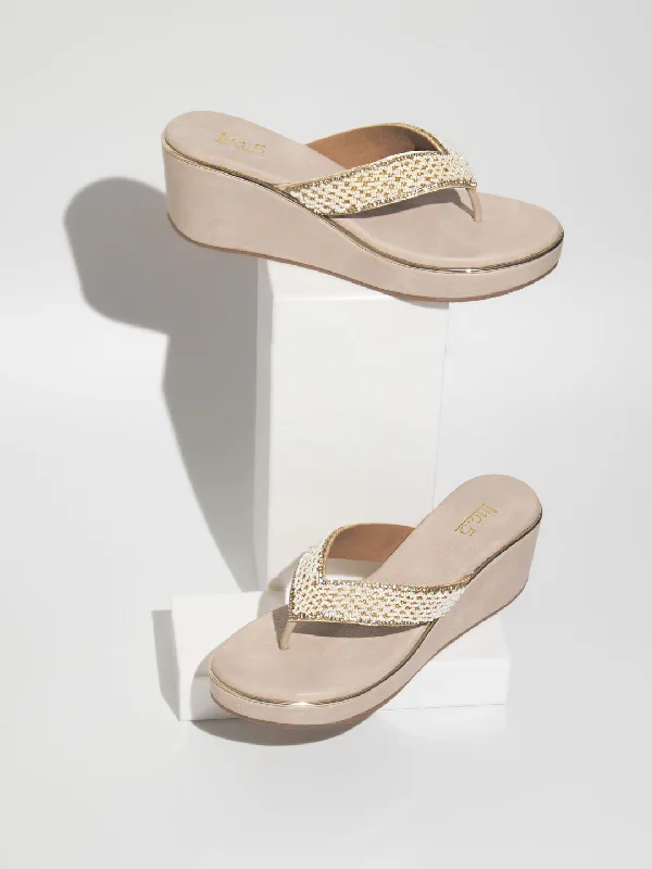 Cozy Slip-Ons Women Beige Embellished Ethnic Wedge Heels