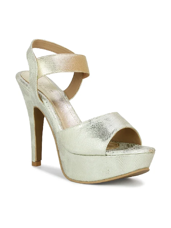 Travel-Friendly Shoes Women Gold Textured & Embellished Party Stiletto Sandals