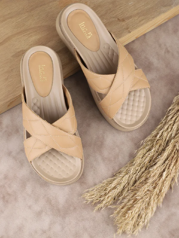 Trendy Footwear Women Beige Textured Open Toe Comfort Heels