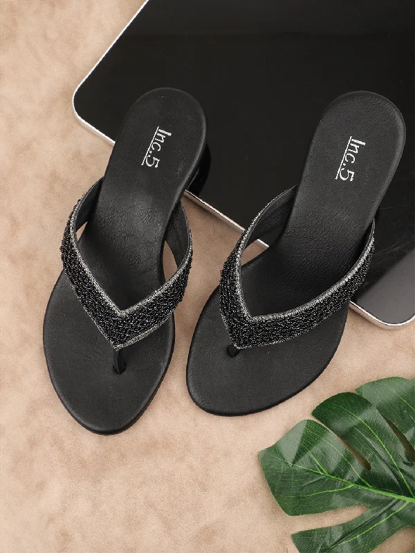 Sporty Sneakers Women Black Embellished Ethnic Block Heels