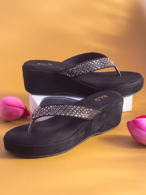 Sleek Loafers Women Black Embellished Wedge Heel