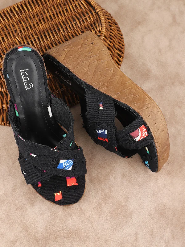 Arch Support Shoes Women Black Printed Round Toe Wedge Sandals