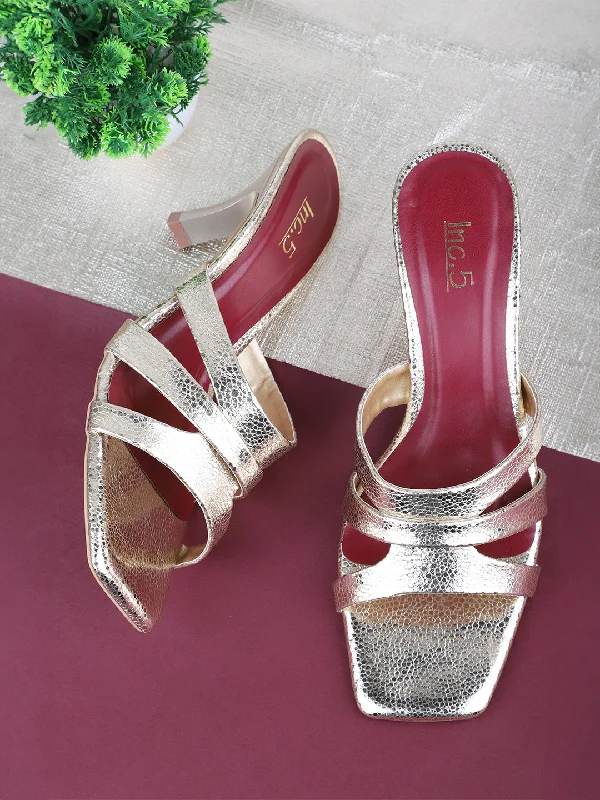Comfortable Slip-Ons Women Gold Embellished Strappy Open Toe Slim Heels