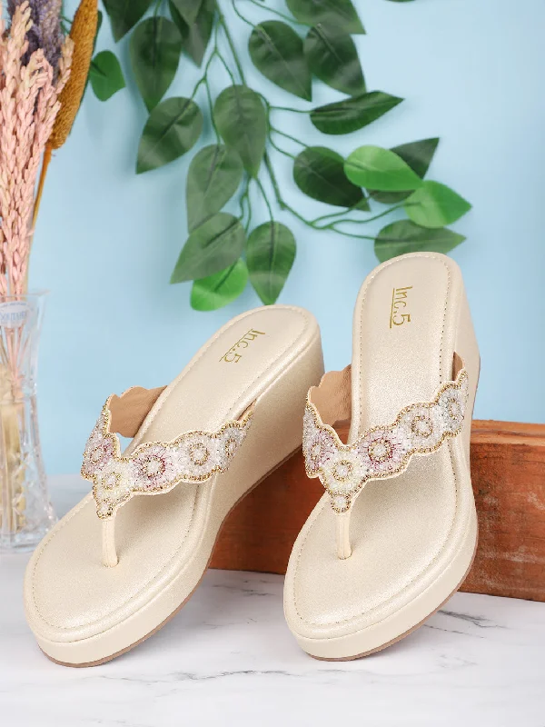 Summer Sneakers Women Gold-Toned Embellished Ethnic Wedge Heels