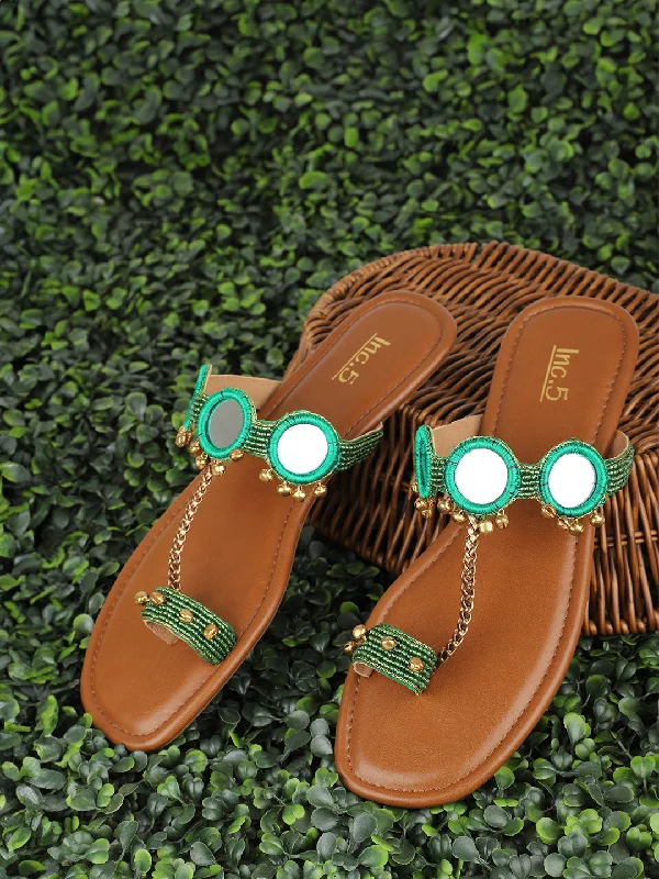 Comfortable Slip-Ons Women Green & Gold-Toned Ghungroo Embellished Open Toe Flats
