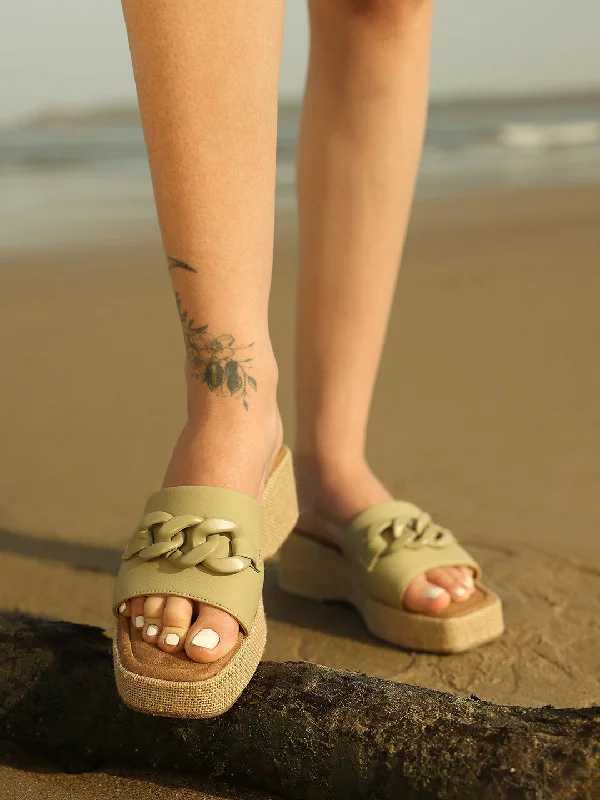 Cushioning Sneakers Women Green Jute Finish Buckle Details Wedge Heels