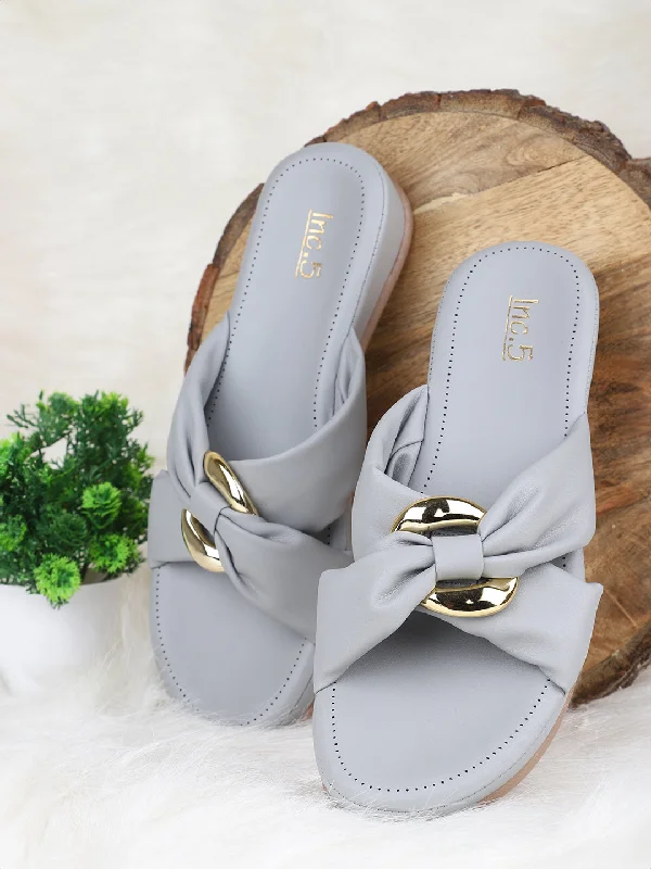 Flexible Sneakers Women Grey & Gold-Toned Buckle Detailed Open Toe Comfort Heels