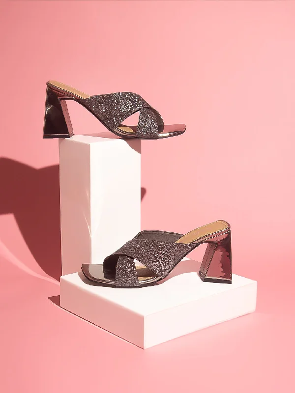 Sporty Comfort Shoes Women Gun Metal Embellished Block Sandals