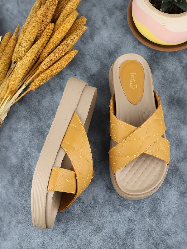 Eco-Friendly Footwear Women Mustard Textured Open Toe Comfort Heels