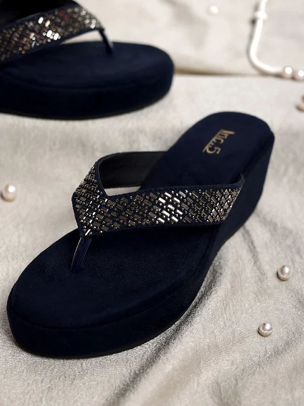Smooth Leather Shoes Women Navy Embellished Wedge Heel