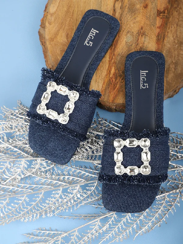 Affordable Loafers Women Navy & Silver-Toned Denim Buckle Detailed Open Toe Flats