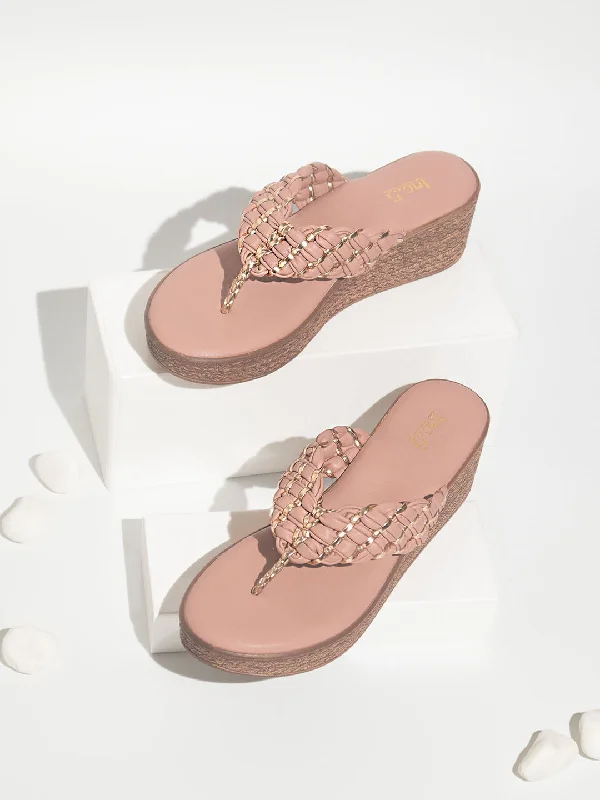 Stylish Comfort Shoes Women Peach Solid One-Toe Platform Heels