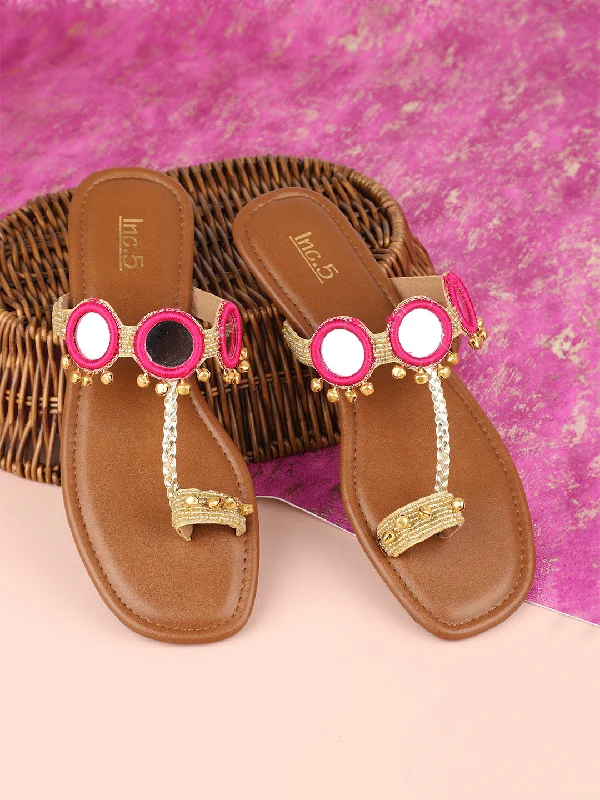 Non-Slip Shoes Women Pink & Gold-Toned Ghungroo Embellished Open Toe Flats