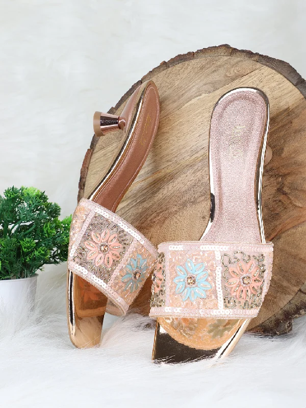 Flexible Shoes Women Rose Gold Embellished Party Kitten Heels