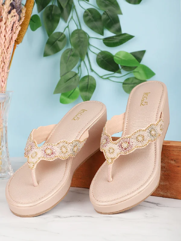Budget-Friendly Shoes Women Rose Gold-Toned Embellished Ethnic Wedge Heels