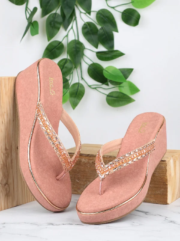 Comfortable Boots Women Rose Gold-Toned Embellished Wedge Heels