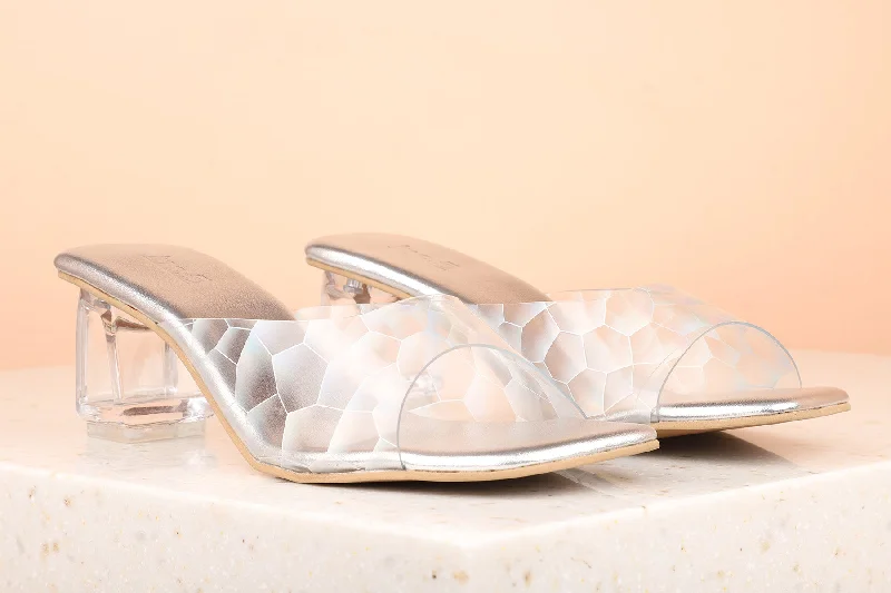 Plush Footwear Women Silver Transparent Geometric Print Block Heel Sandals