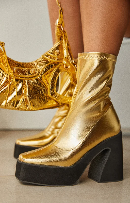 Travel-Friendly Shoes After Hours Block Heel Ankle Boots - Gold
